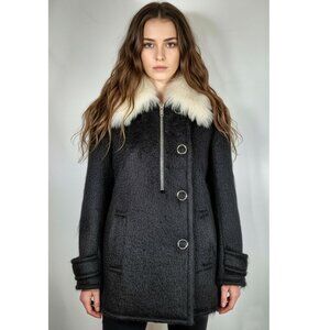 Alexander Wang Womens Black Lamb Shearling Fur Wool Blend Coat, Womens Size 4